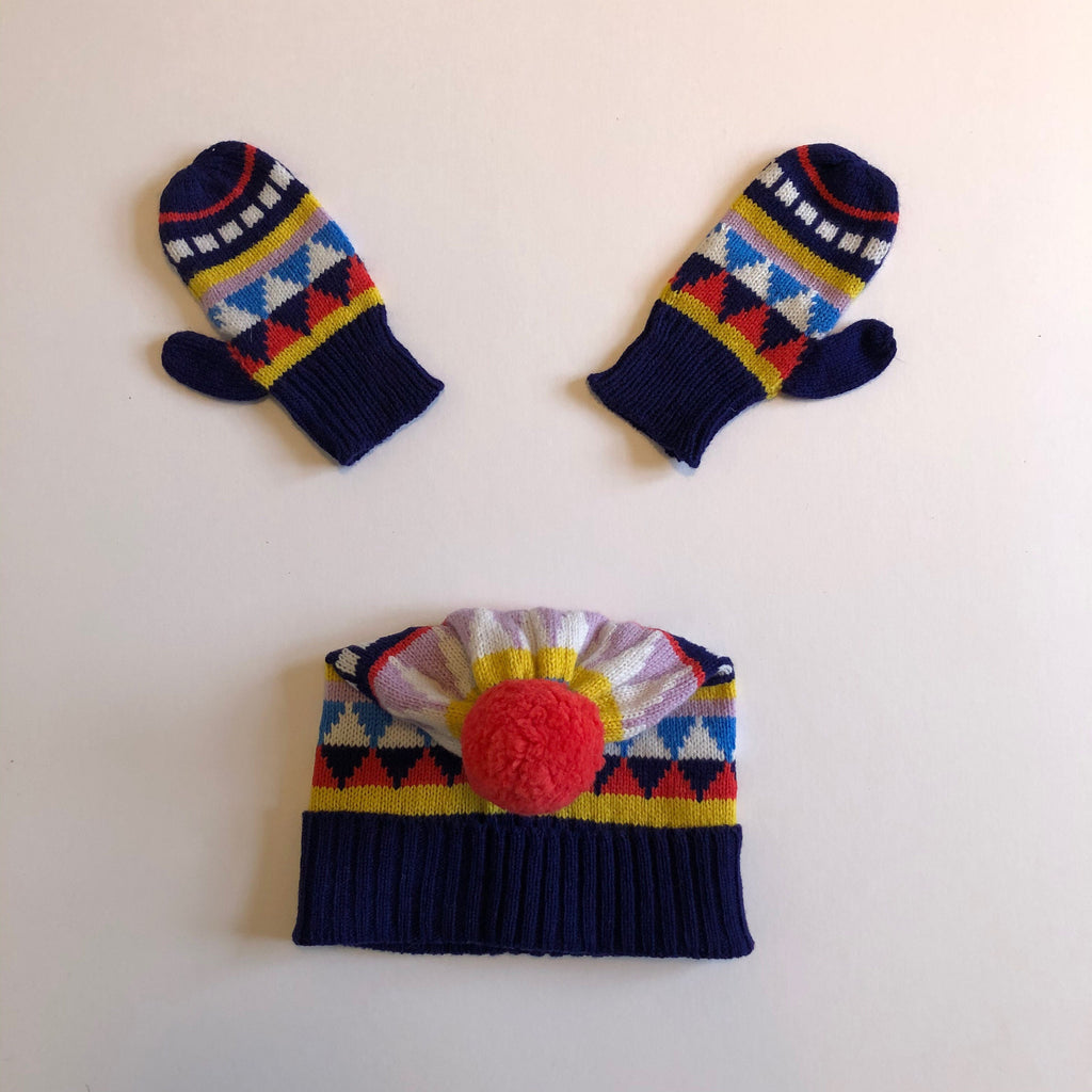 Fair Isle Lambswool Kids Beanie: Geometric Knit Bobble Hat