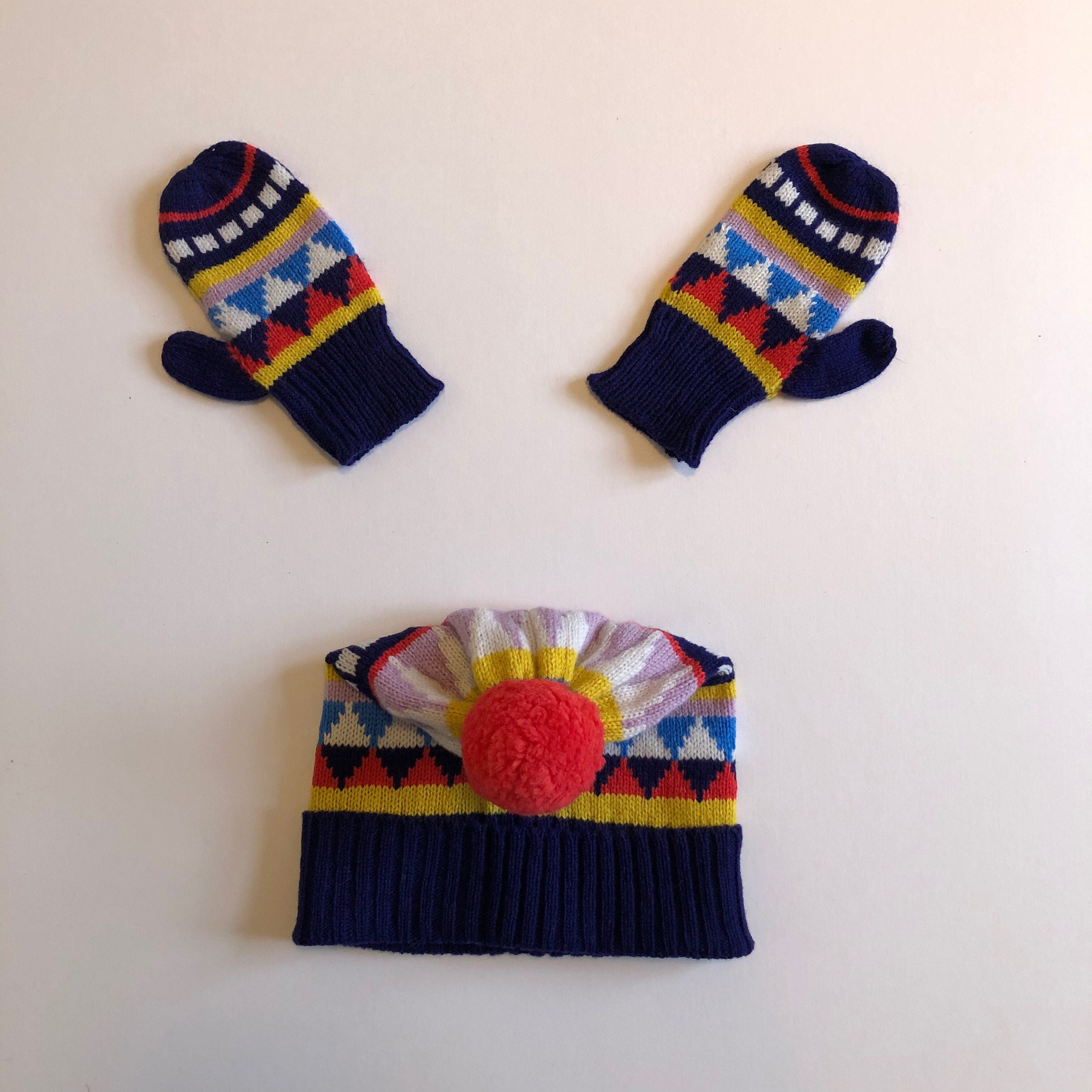 Fair Isle Lambswool Kids Beanie: Geometric Knit Bobble Hat