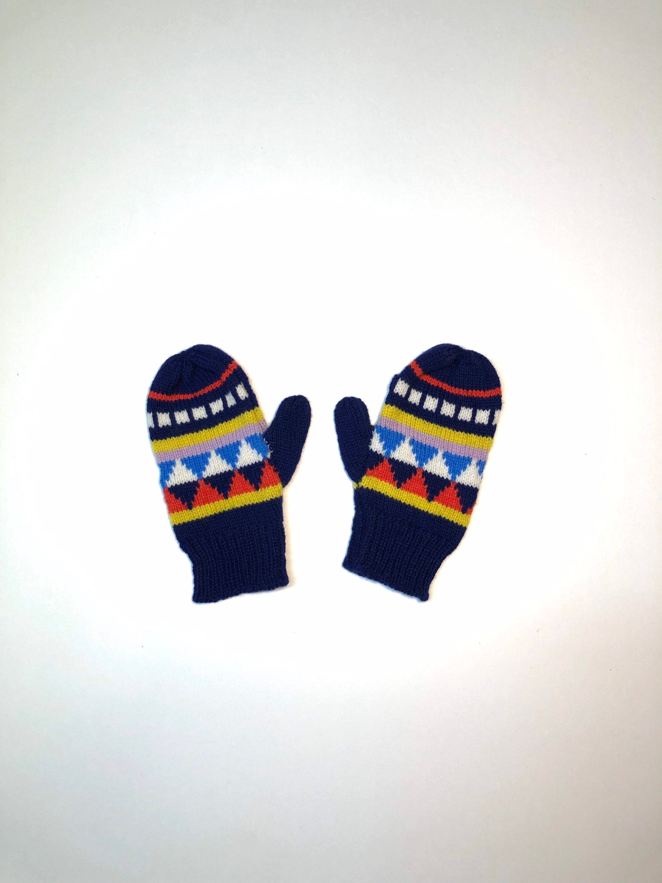 Kids Mittens on a string - Navy Fairisle Lambswool Knitted Gloves