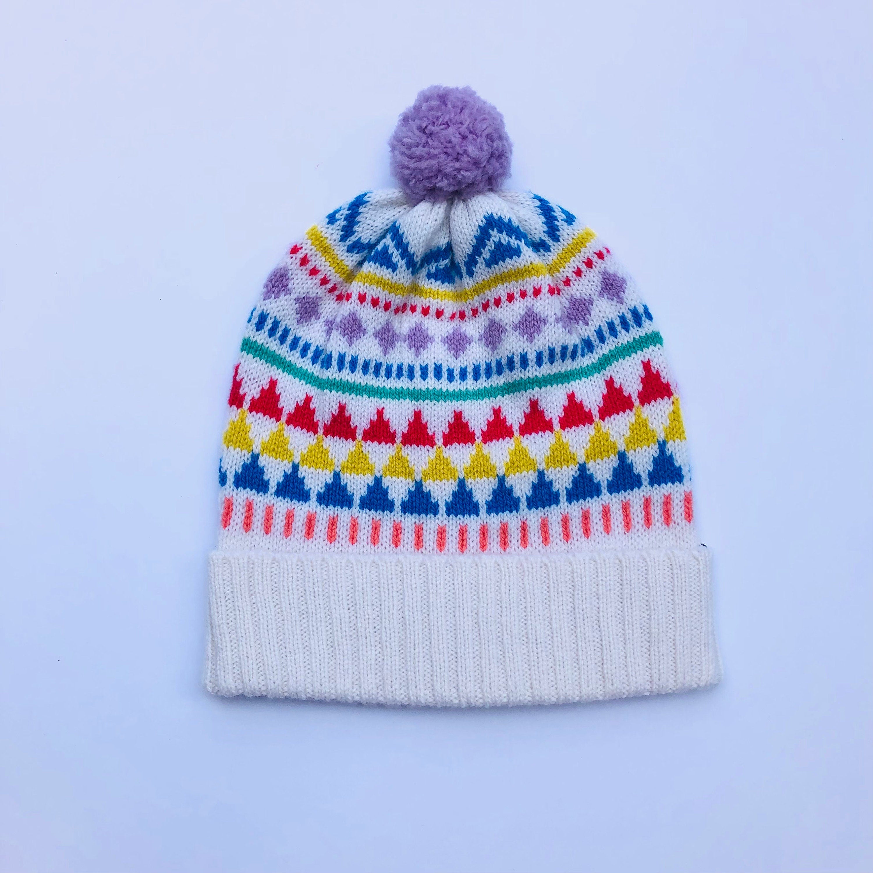 Kids Lambswool Bobble Hat: Geometric Fair Isle Beanie