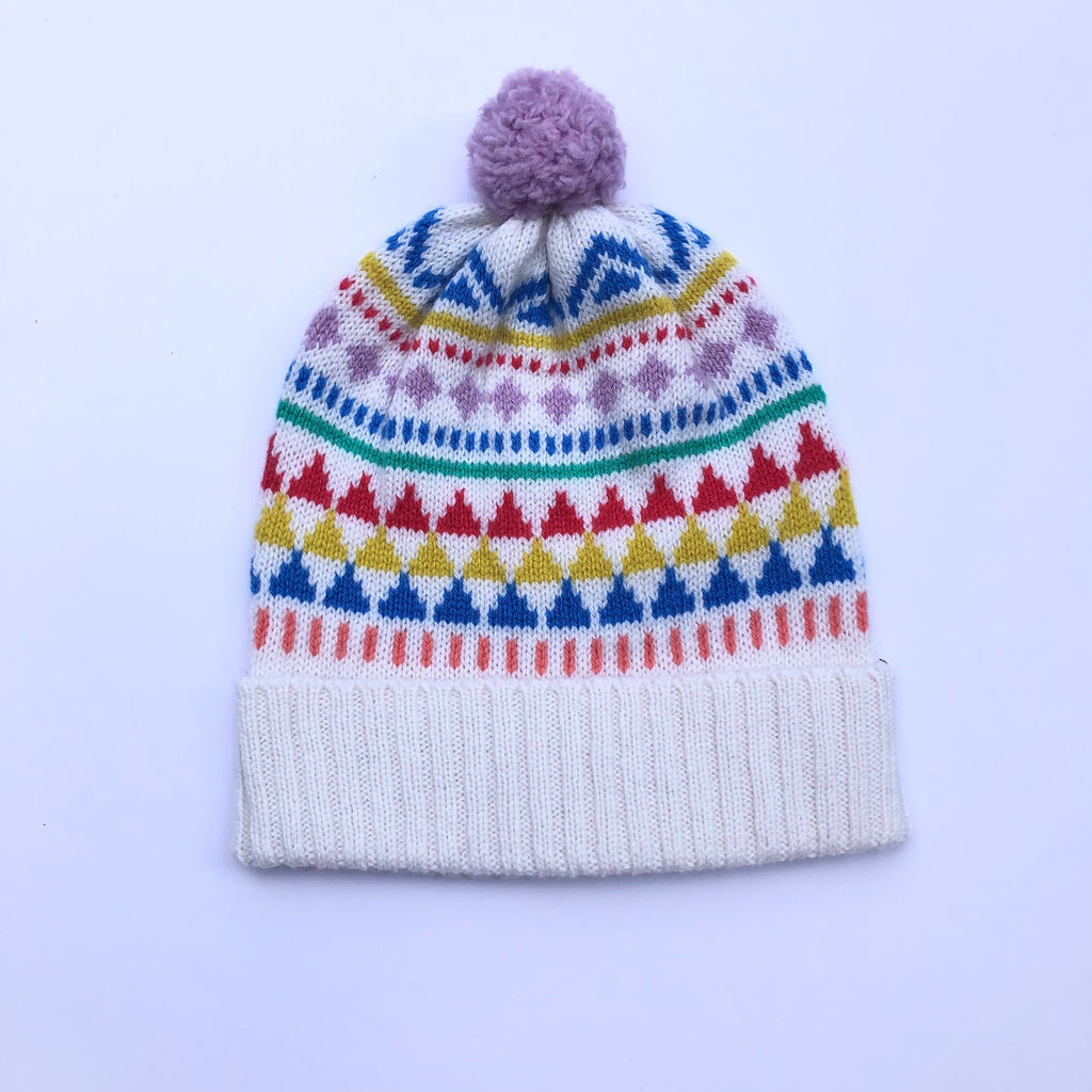 Kids Lambswool Bobble Hat: Geometric Fair Isle Beanie