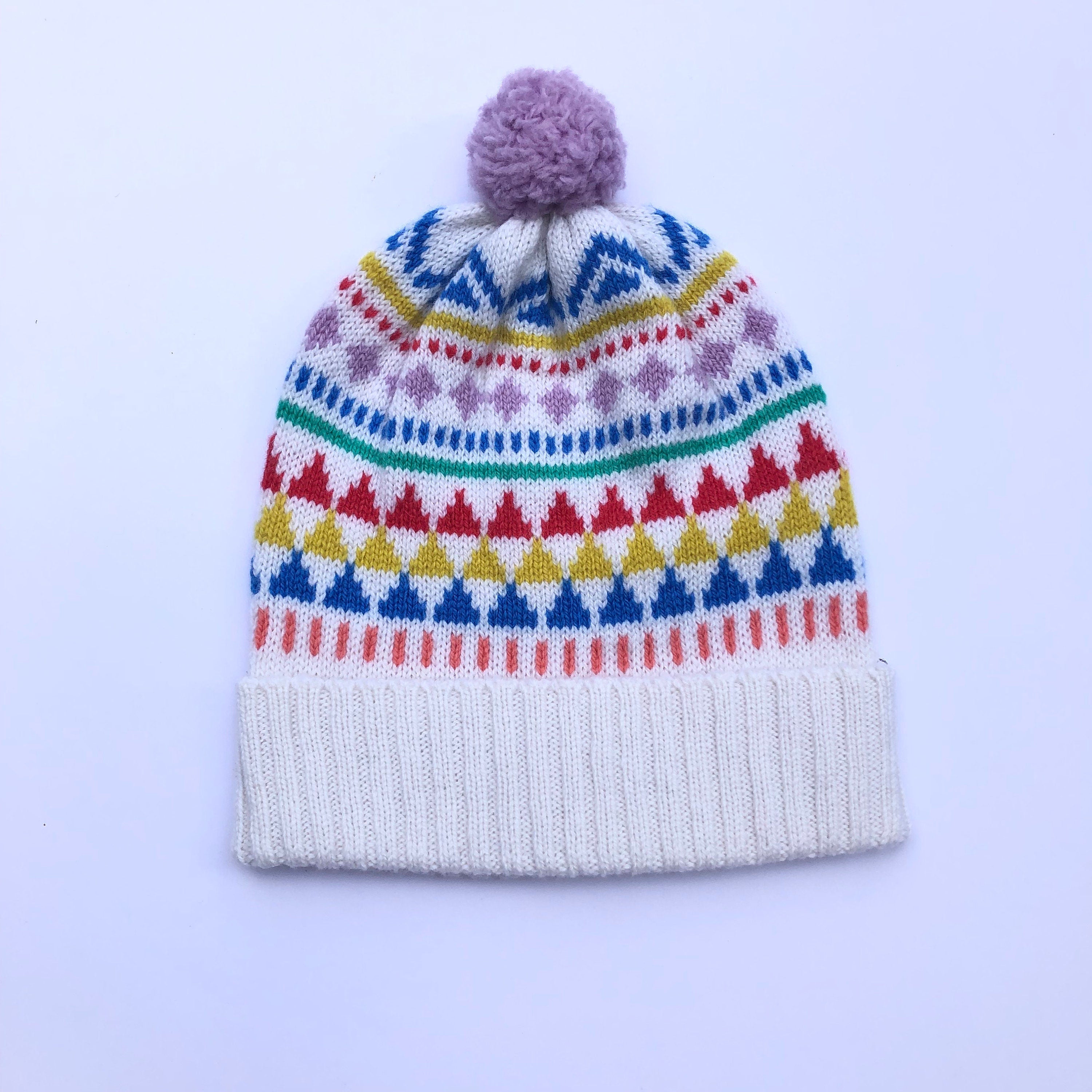 Kids Lambswool Bobble Hat: Geometric Fair Isle Beanie