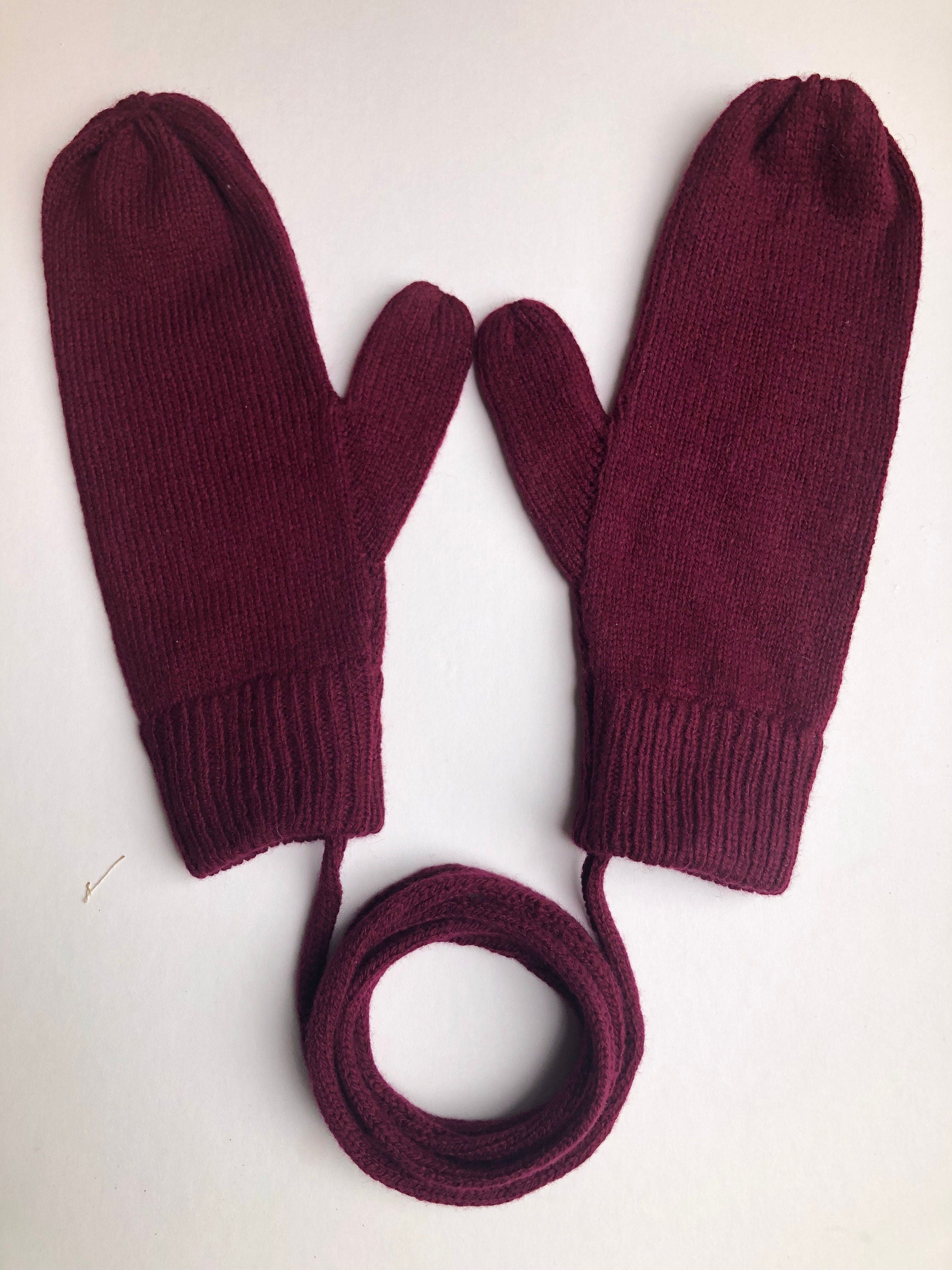 Maroon Lambswool Mittens on a String: Hand-Knitted Women's Gloves