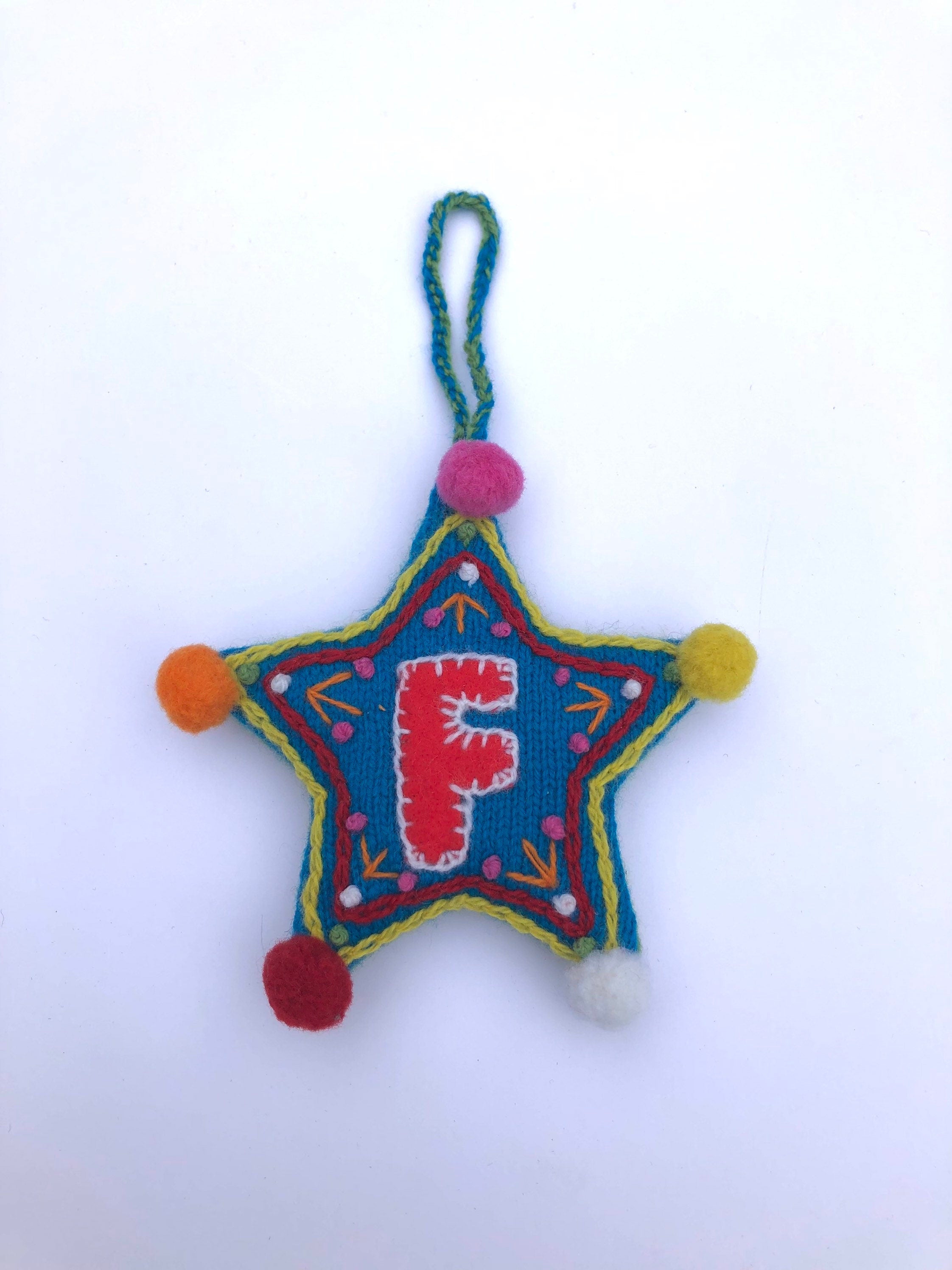 Letter Christmas Decoration / Alphabet Hanging Ornament / Festive Knitted and Embroidered Bauble / Teal base colour