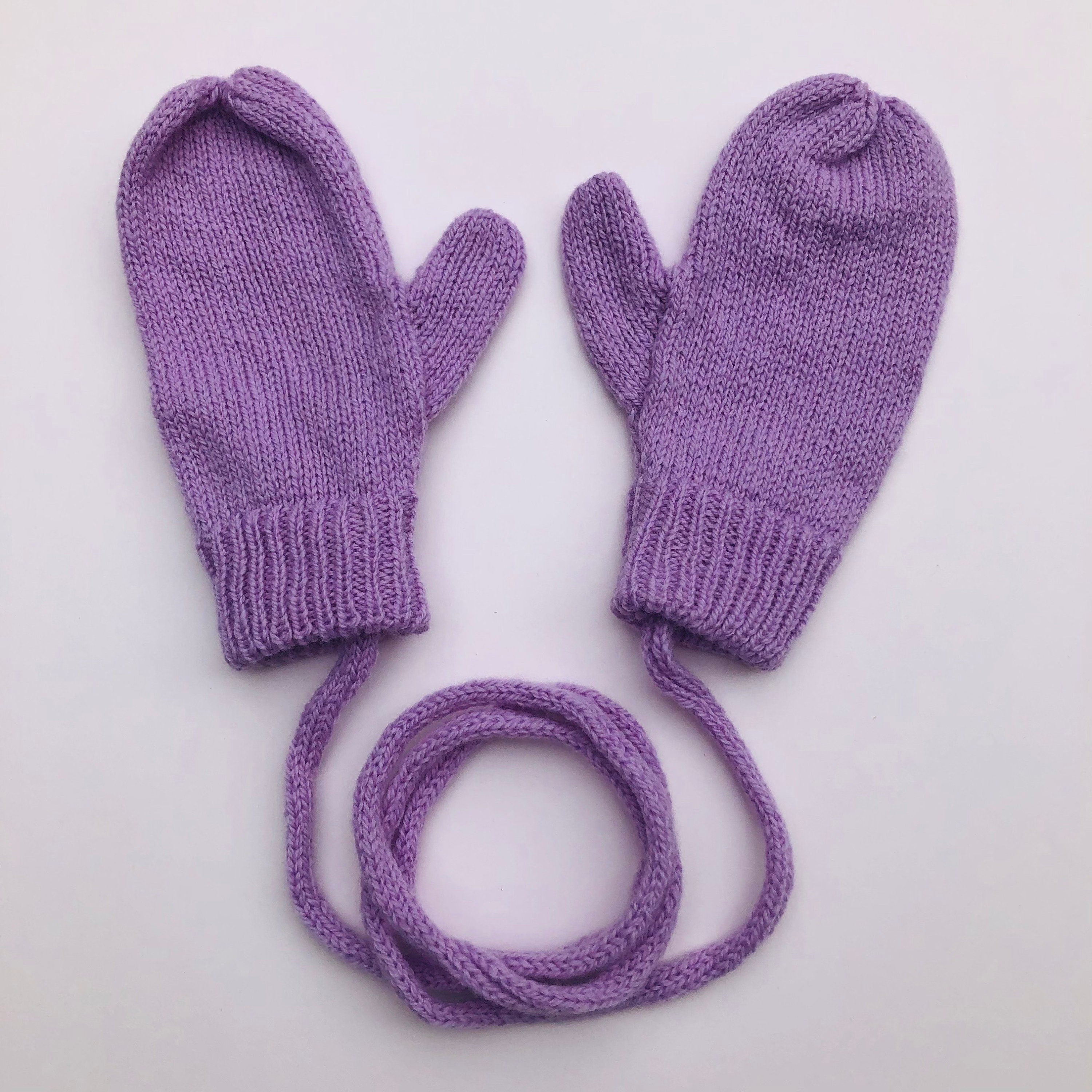 Lilac Lambswool Mittens on a String: Hand-Knitted Kids Gloves