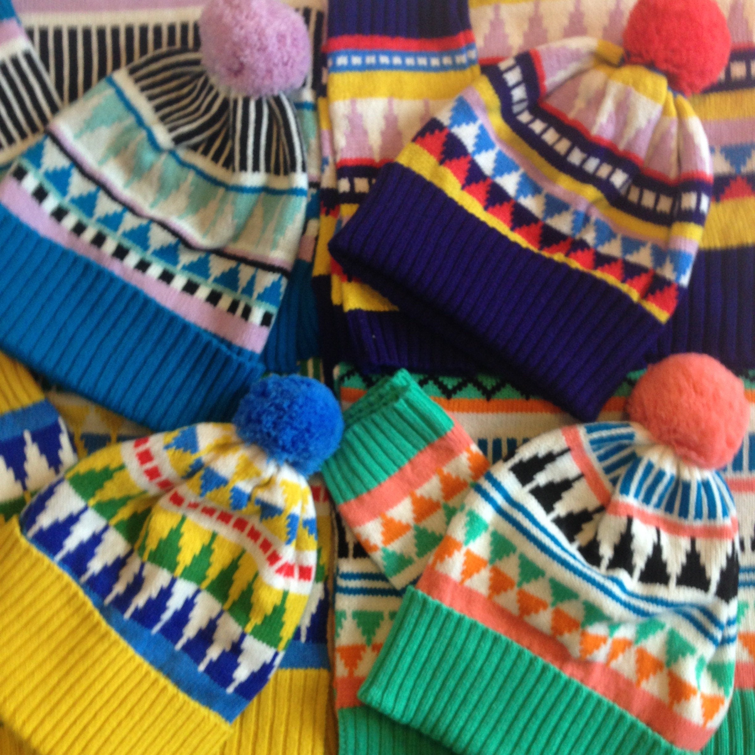 Knitted Lambswool Bobble Hat / Geometric Fairisle Winter Woolly Hat - Adult Size Beanie