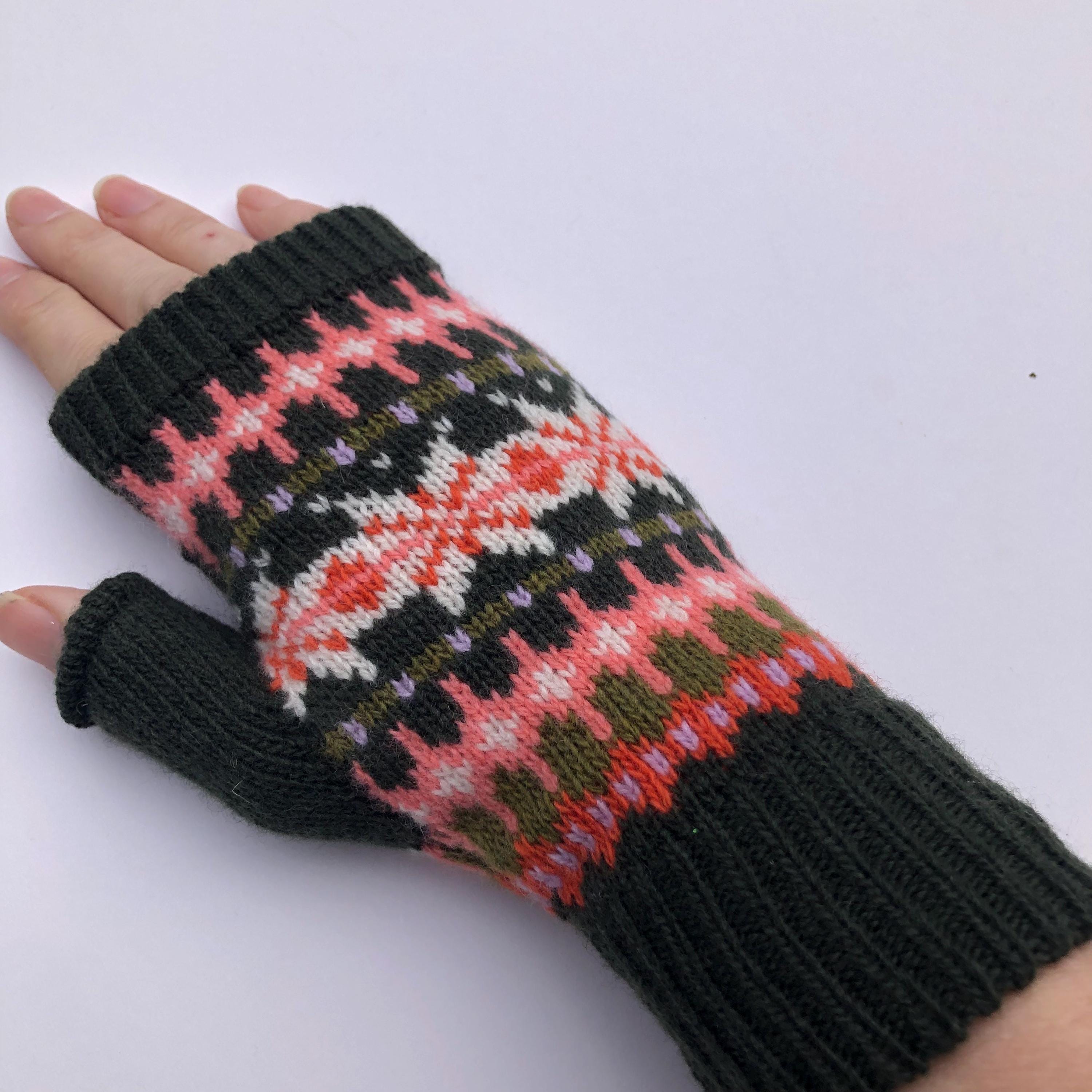 Green Fairisle Fingerless Gloves for Women - Knitted in Soft Lambswool.
