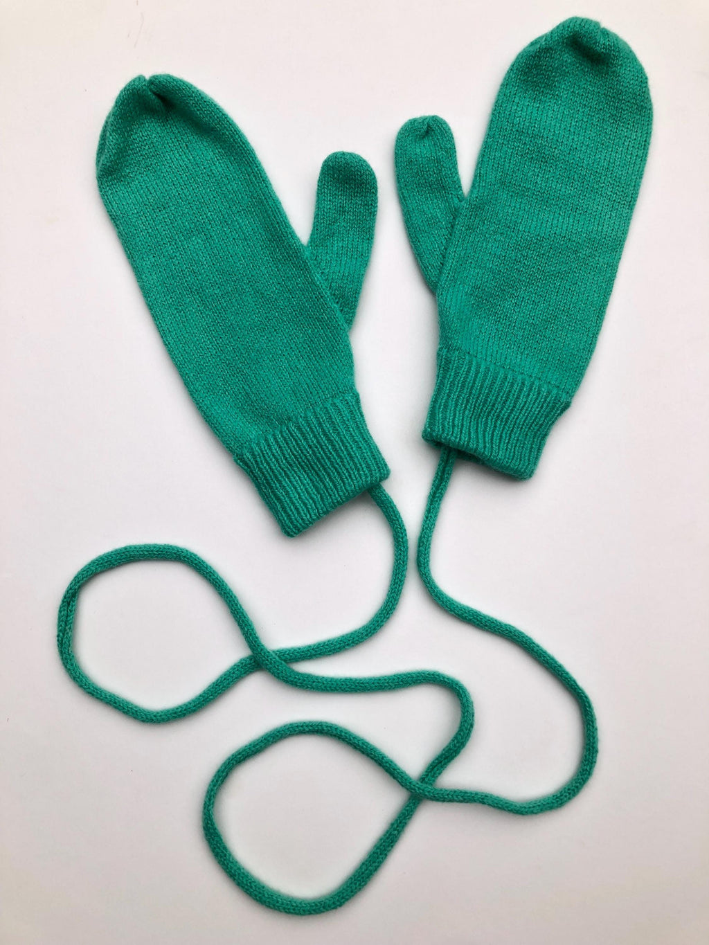 Mint Green Mittens on a String for Women / Lambswool Knitted Gloves