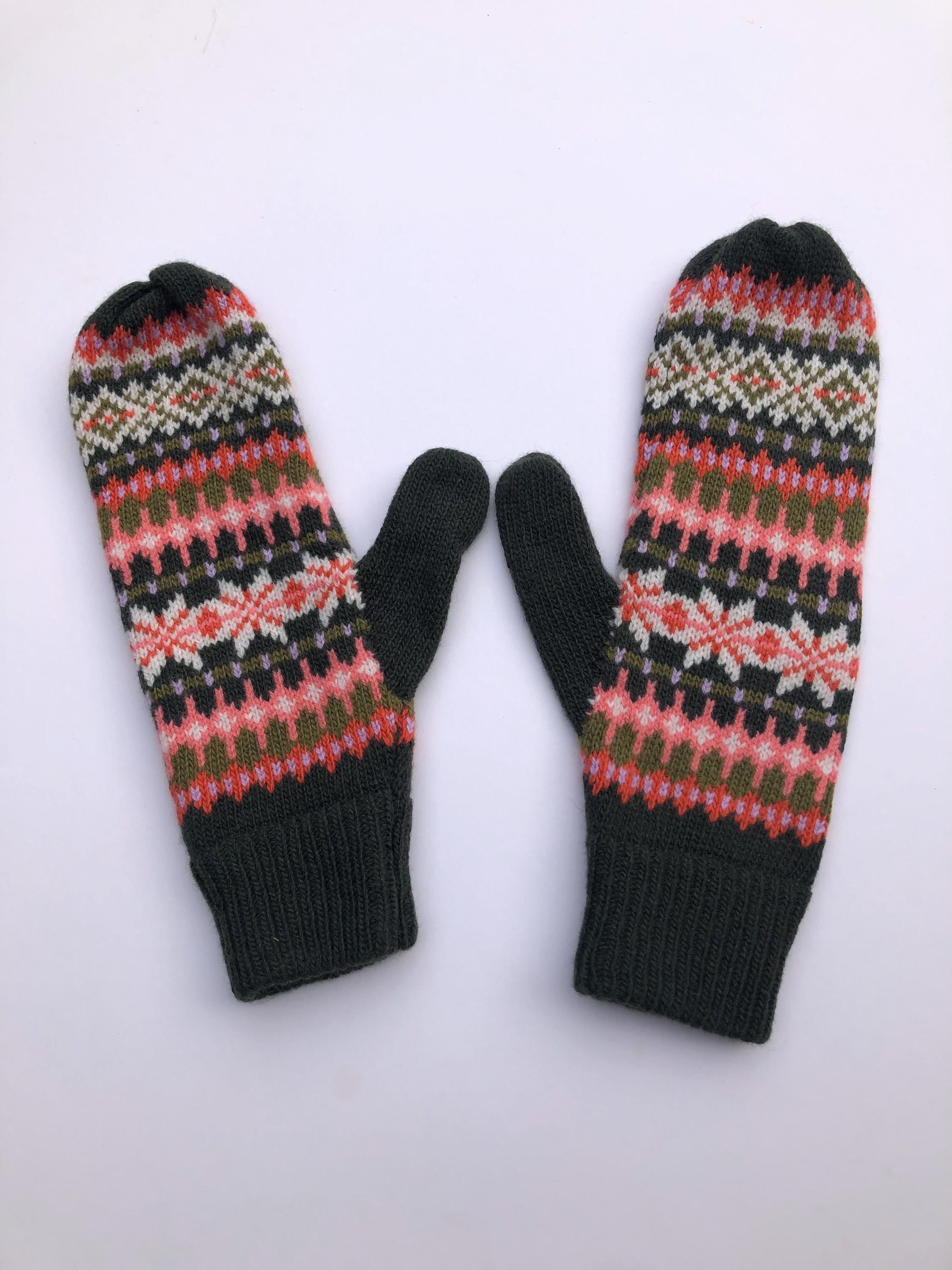Green Fairisle Fingerless Gloves for Women - Knitted in Soft Lambswool.