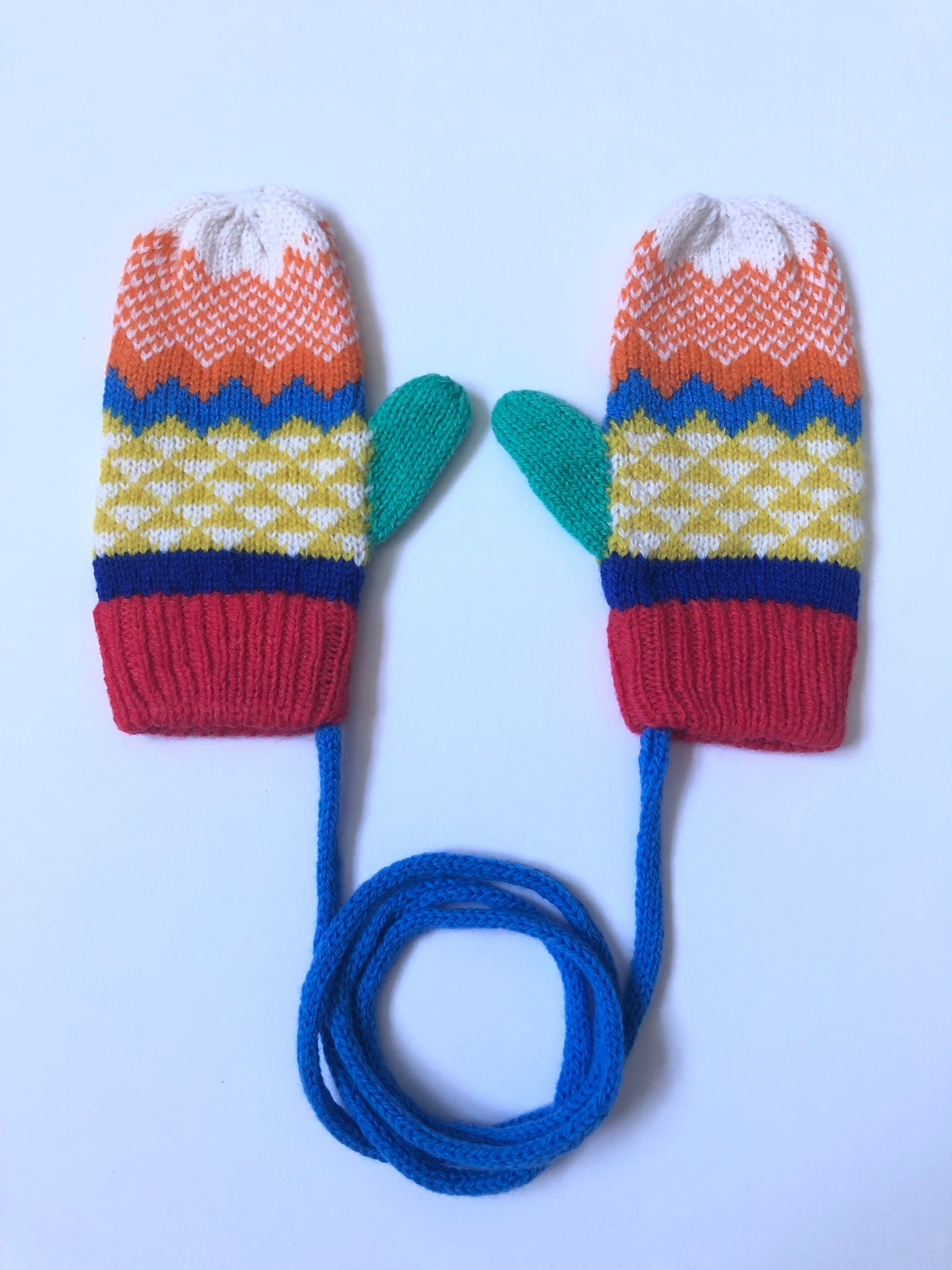 Fair Isle Lambswool Kids Mittens on a String: Colorful Knit