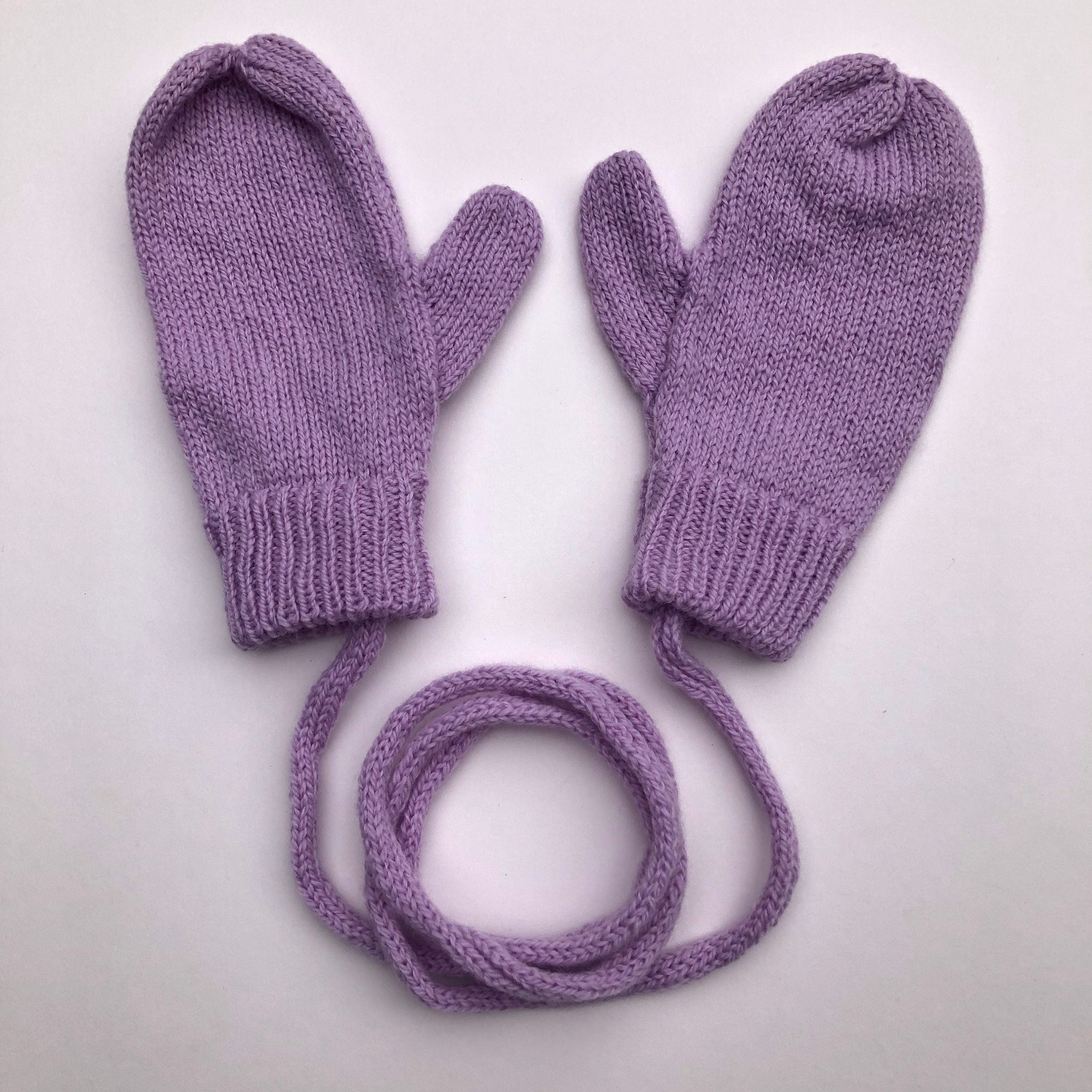 Lilac Lambswool Mittens on a String: Hand-Knitted Kids Gloves