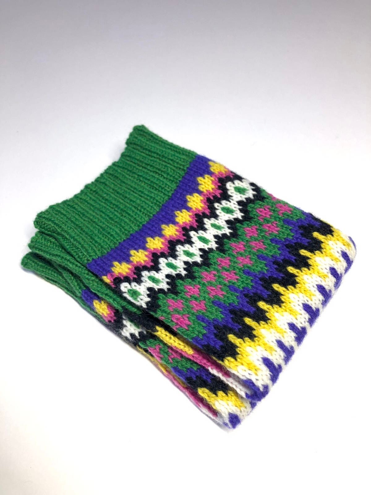 Green Fairisle Knitted Wrist Warmers / Fingerless Gloves / Adult size