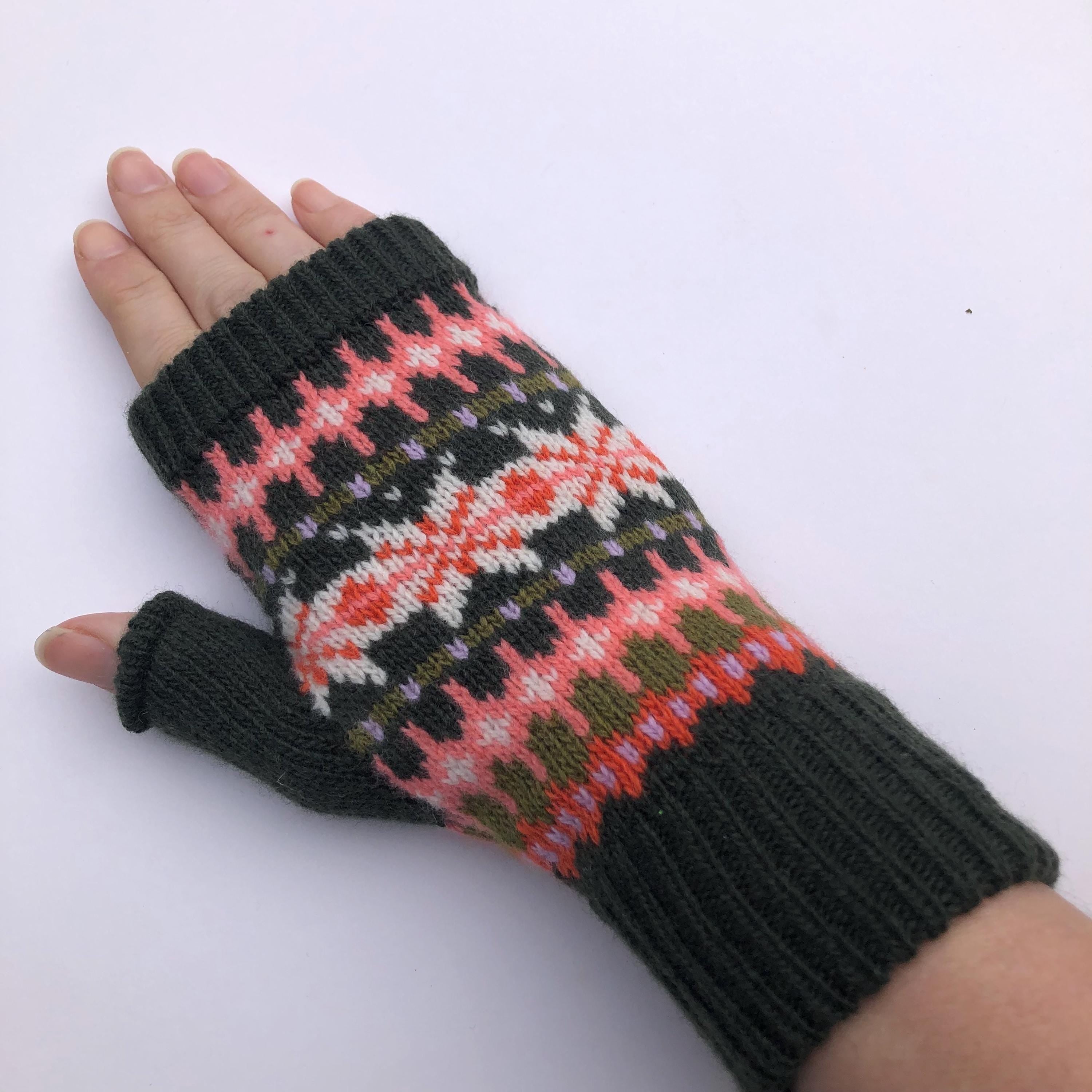 Green Fairisle Fingerless Gloves for Women - Knitted in Soft Lambswool.